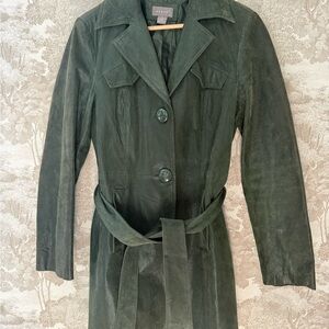 Vintage Kenar 90s Green leather belted coat